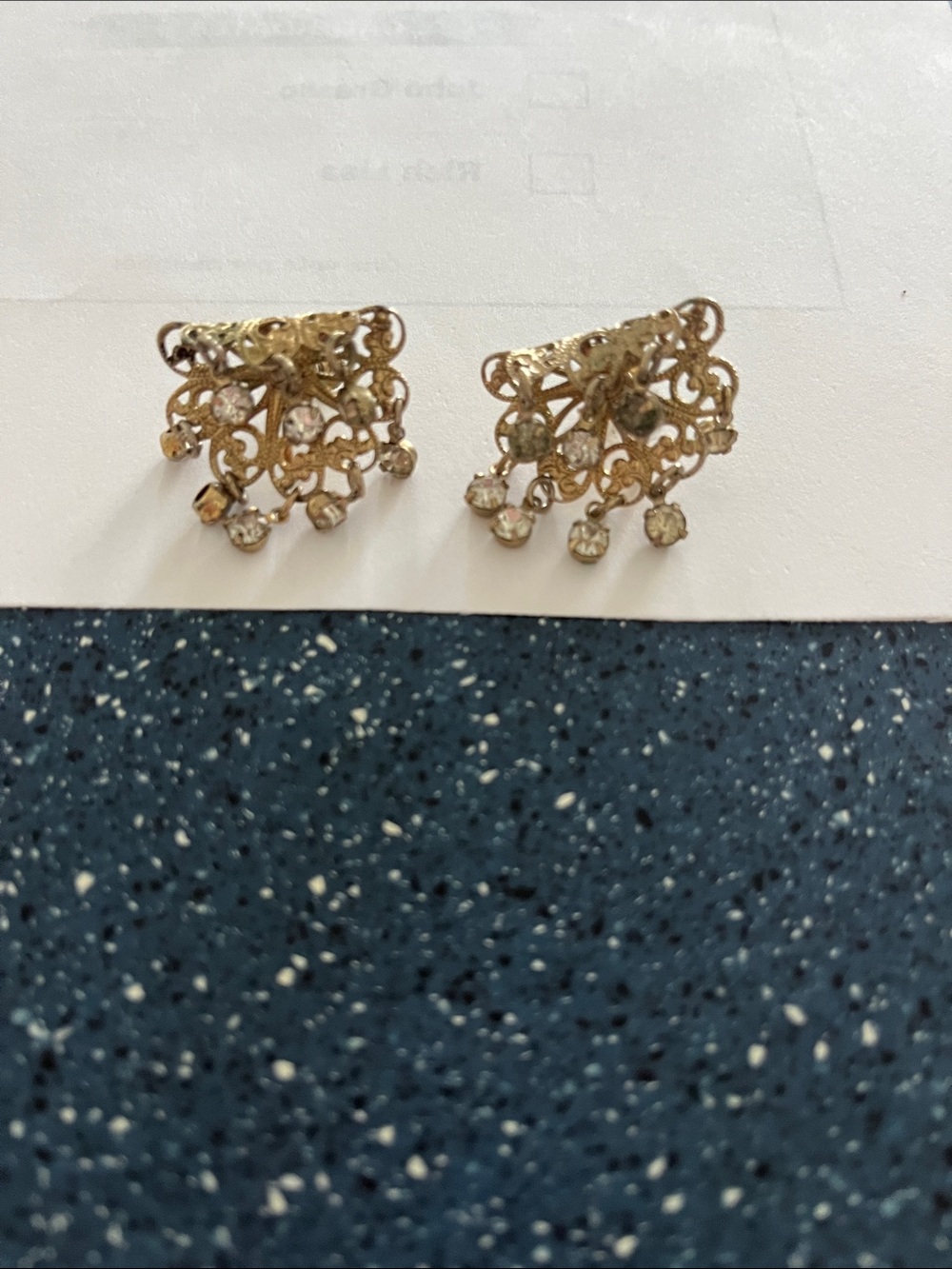 Gold Filigree Drop Stud Earrings with Clear Crystals